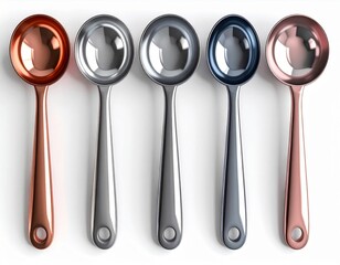 Collection of Shiny Metallic Ladles in Copper Silver and Blue Tones on White Background