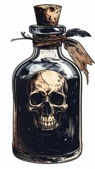 Antique Poison Bottle with Skull Label Filled with Dark Liquid against White