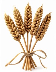 Golden Wheat Stalks Tied with Twine on a White Background for Harvest or Decoration