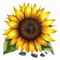 Watercolor Sunflower with Yellow Petals and Green Leaves on White Background