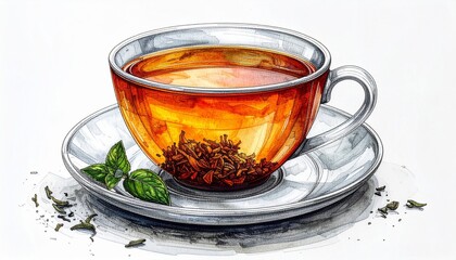 Watercolor Illustration of Hot Herbal Tea in Clear Cup with Mint Leaves