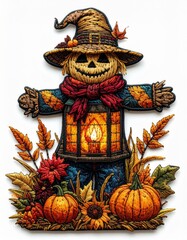 Festive Autumn Scarecrow Adorned With Pumpkins and Foliage Against White Backdrop