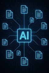 Fototapeta premium Digital AI Network Illustration Featuring Connected Document Icons Against Dark Background