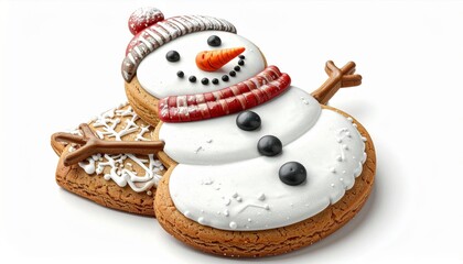 Fototapeta premium Festive Snowman Shaped Cookies Stacked on White Background Christmas Sweet Treat