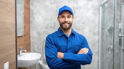 A skilled plumber stands confidently in a modern bathroom, ready to share helpful advice on maintaining plumbing fixtures and ensuring a clean environment. Practical insights for homeowners
