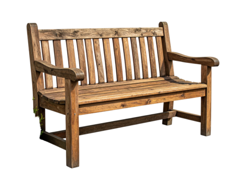 A weathered wooden park bench