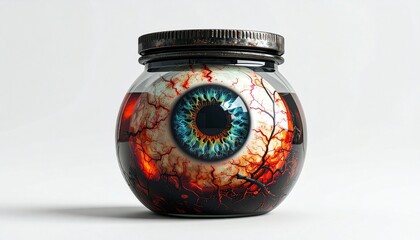 Detailed Eyeball in Glass Jar with Bloody Veins and Liquid on White Background