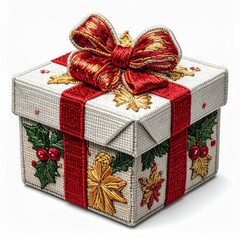 Festive Gift Box in White and Red with Ornate Gold Details Isolated
