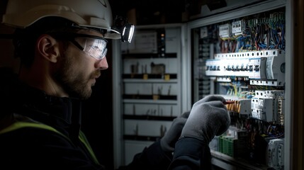 A technician wearing protective gear works on electrical equipment, focusing on wiring within a control panel, illuminated by a headlamp in a dim environment.