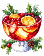 Festive Holiday Punch with Citrus Fruits Berries and Pine Garnishes Watercolor Illustration