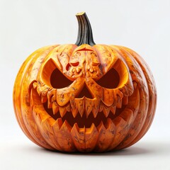 Intricate Halloween Jack O Lantern with Creepy Carved Face against White Background