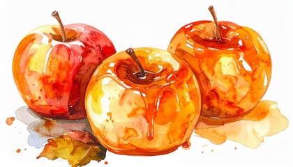 Three Watercolor Apples with Autumnal Hues and Textural Detail on White Background