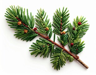 Detailed Evergreen Fir Branch on White Background with Brown Stem and Small Cones Natural Lighting Close Up