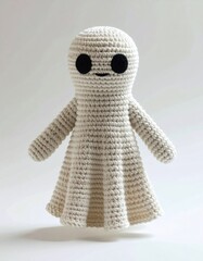 Crocheted White Ghost Figure with Black Eyes in a Soft Studio Lighting Setting