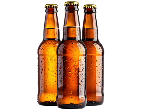 Three amber glass beer bottles, slightly angled, with condensation droplets, stand side-by-side against a black background