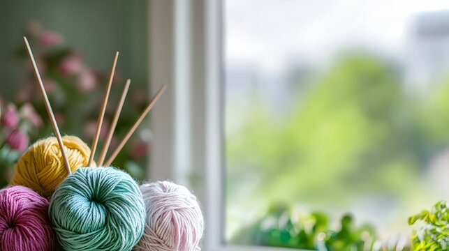 Soft Yarn Balls Knitting Needles Window Background