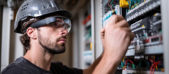 A focused technician wearing safety gear works on electrical panels, demonstrating skill and attention to detail in a professional environment.