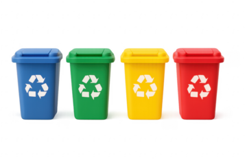 Four colorful recycling bins with transparent background