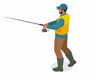 Dedicated angler in a yellow vest and cap, actively fishing with a rod and reel, embodying the serene and rewarding experience of outdoor recreation and hobby pursuit