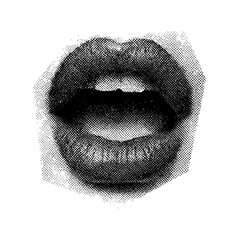 Detailed halftone lips vector illustration in black and white, vintage engraving style, open mouth, textured