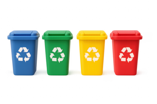 Four colorful recycling bins with transparent background