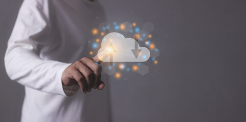 Young man hand touching to cloud computing diagram, Data storage, Cloud technology, Cloud Computing Storage