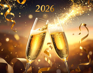 Cheers to the New Year with clinking champagne glasses celebrating 2026 Generative AI