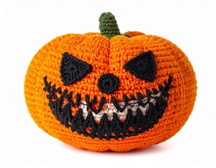 Handmade Knitted Orange Jack O Lantern with Black Face Details on White Background Studio Still Life