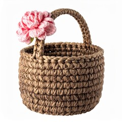 Woven Basket with Pink Flower Decorative Ornament on a White Backdrop Handmade Style