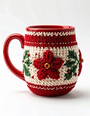 Festive Red and Cream Holiday Mug with Knitted Cozy Against White Background