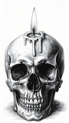 Monochrome Skull Topped with Melting Candle on White Background Detailed Illustration