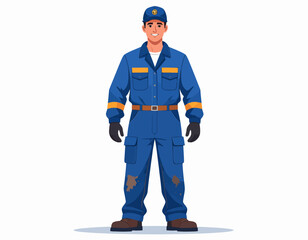 Vector illustration of a smiling male worker in a dirty blue uniform. Professional handyman, mechanic, or plumber character standing confidently on white background
