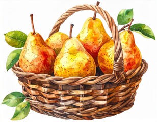 Watercolor Illustration of Ripe Pears in Woven Basket with Green Leaves on White Background