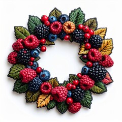 Colorful Berry Wreath with Raspberries Blackberries and Blueberries on White Backdrop