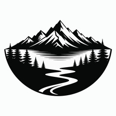 Majestic Mountain Vista A Serene River Flowing Through Pine Forests