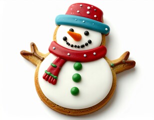 Delightful Festive Snowman Cookie with Colorful Icing on White Background