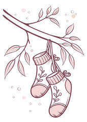 Vector illustration of baby socks hanging on a tree branch with leaves.