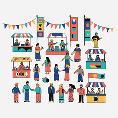 A lively outdoor street market and cultural fair illustration, featuring diverse people, vibrant food and craft stalls, musicians, and festive decorations, creating a cheerful community gathering