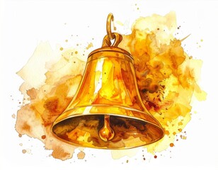 Golden Bell Watercolor Illustration Hanging with Brown Splatter Background and Detailed Texture