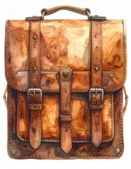 Detailed Watercolor Painting of a Brown Leather Satchel Bag with Silver Buckles and Handle on White