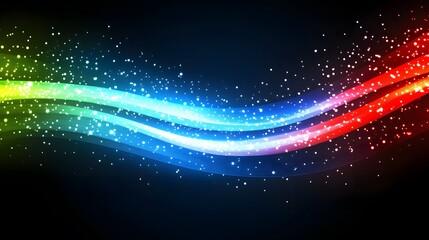 Obraz premium Vibrant, wavy, neon-hued lines stream across a dark background, studded with sparkling, white specks, creating a dynamic and colorful design.