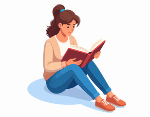Young woman sitting on the floor engrossed in reading a book, illustration of an active reader enjoying literature and learning