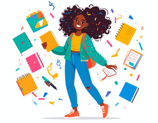 Joyful Black student celebrating academic success, surrounded by books and vibrant confetti. Empowering education and the spirit of learning