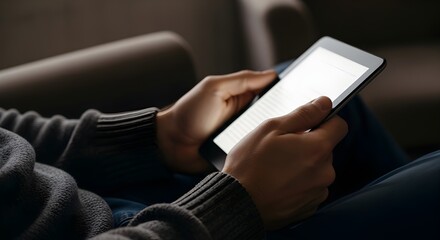 person reading ebook on digital tablet at home