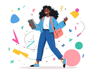 Vector illustration of a joyful female student walking with books, symbolizing youth, education, and modern optimism