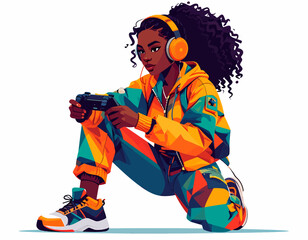 Vibrant illustration of a focused African American woman in a colorful outfit, holding a game controller and wearing headphones