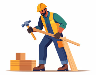 Construction Worker Assembling Wood with Hammer A Vector Illustration