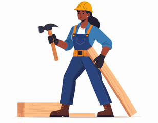 Construction Worker A skilled woman building with hammer and wood on a white background