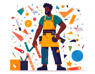 Skilled craftsman confidently stands amidst a vibrant burst of creative tools and elements, embodying the spirit of hands-on innovation, dedicated workmanship, and joyful DIY projects