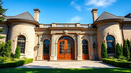 Obraz premium A grand luxury house entrance with elegant stone facade, surrounded by lush greenery and blue skies.